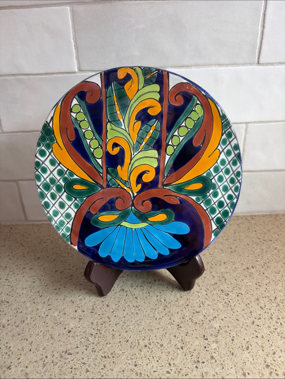 Mexican Hand-Painted Talavera Ceramic Decorative Plate in Blue, Green & Yellow